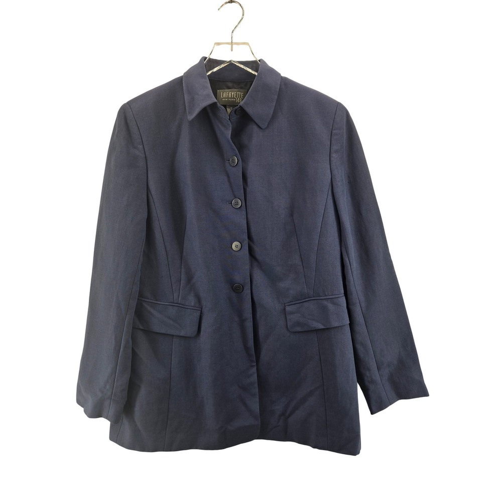 Lafayette 148 New York Womens 12 Navy Blue 100% Linen Button Front Blazer Jacket